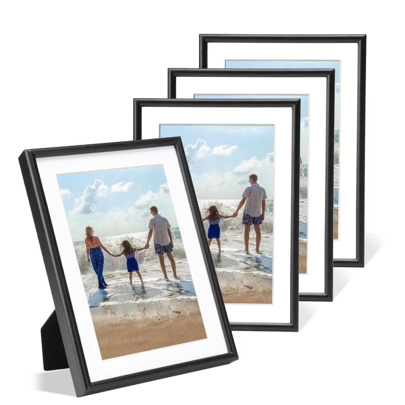 Fkvat 5x7 Picture Frame Set of 4, Matted Black Simple Modern Brushed Thin Aluminum Metal Photo Frame Fits 4x6 with Mat or 5 x 7 without Mat Vertical and Horizontal for Tabletop and Wall Mounting - Image 1